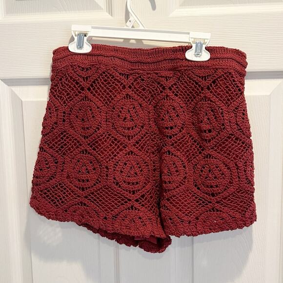 Zara Burgundy Maroon Crochet High Rise Shorts NWT LARGE Summer Elastic Pull On - Picture 12 of 14